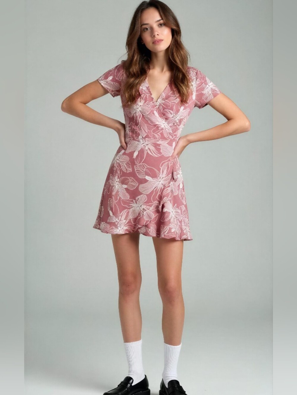 PINK  LILY Floral Wrap V-Neck Short Dress - Dusty Rose SIZE SMALL